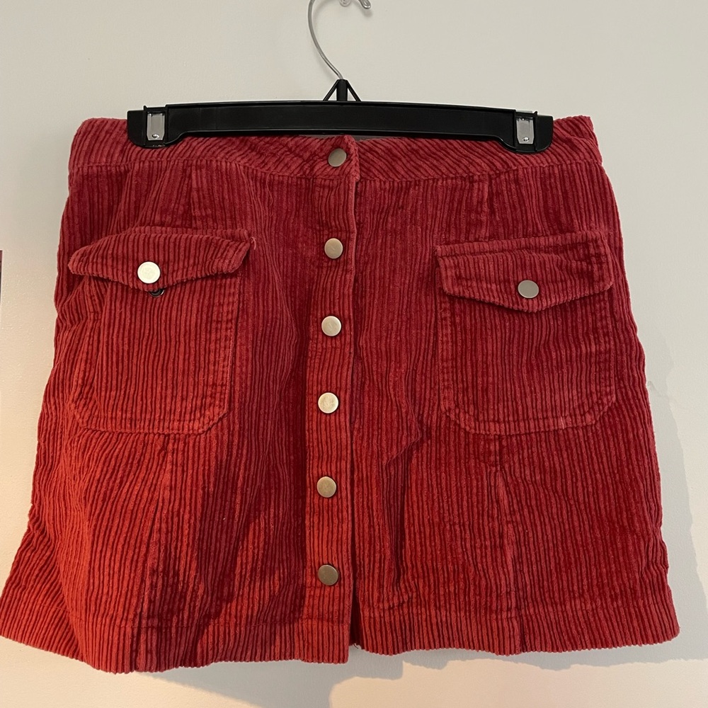 Red corduroy button up skirt, size: M-L